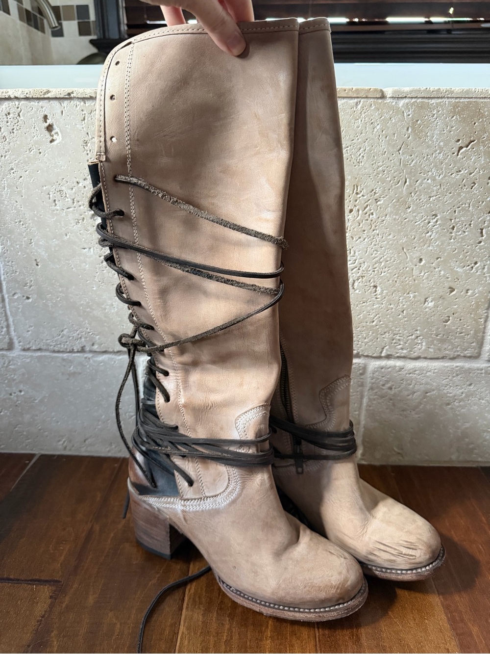 freebird Beige Over-the-Knee Lace-Up Leather Boots
